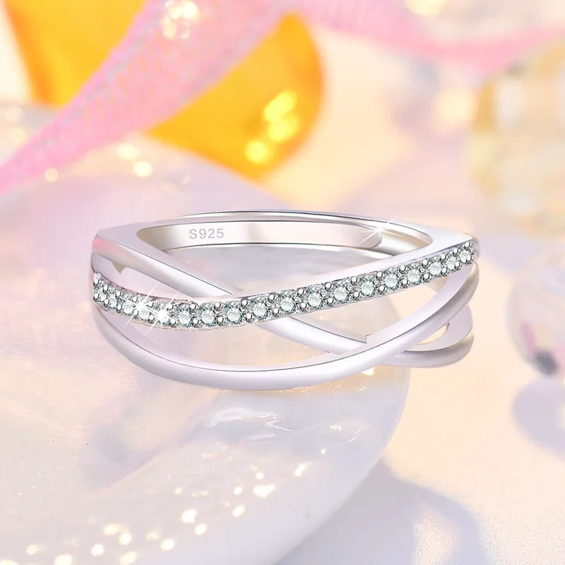 New 925 Silver Ring 5A Zircon Interwoven for Women Sterling-Silver Wedding Luxury Jewelry Engagement Charm Party Fashion Ring