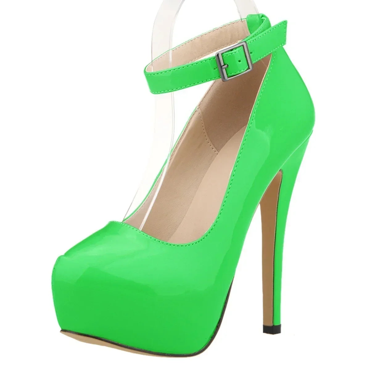 New Women Pumps 14cm Sexy Concise Buckle Supper High Heels Fashion Ankle Strap  Patent Leather Red Wedding Shoes Plus Size