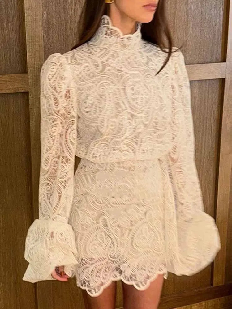Lace Elegant Skirt Two Piece Set Women Turtleneck Hollow Out Lantern Sleeve Tops Irregular Hem Mini Skirt 2025 Chic Party Suit