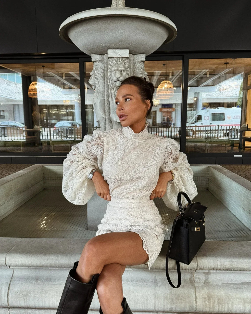Lace Elegant Skirt Two Piece Set Women Turtleneck Hollow Out Lantern Sleeve Tops Irregular Hem Mini Skirt 2025 Chic Party Suit