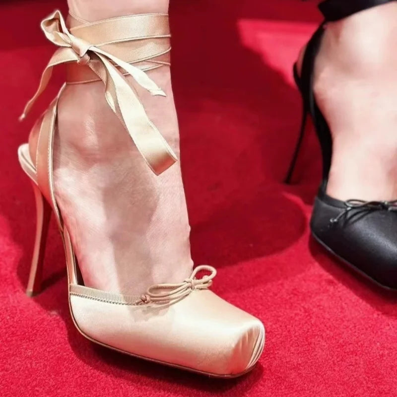Luxury Design Woman Sandals 2026 Summer High Quality Square Satin High-heeled Female Shoes With Ankle Straps Wedding Flip Flops