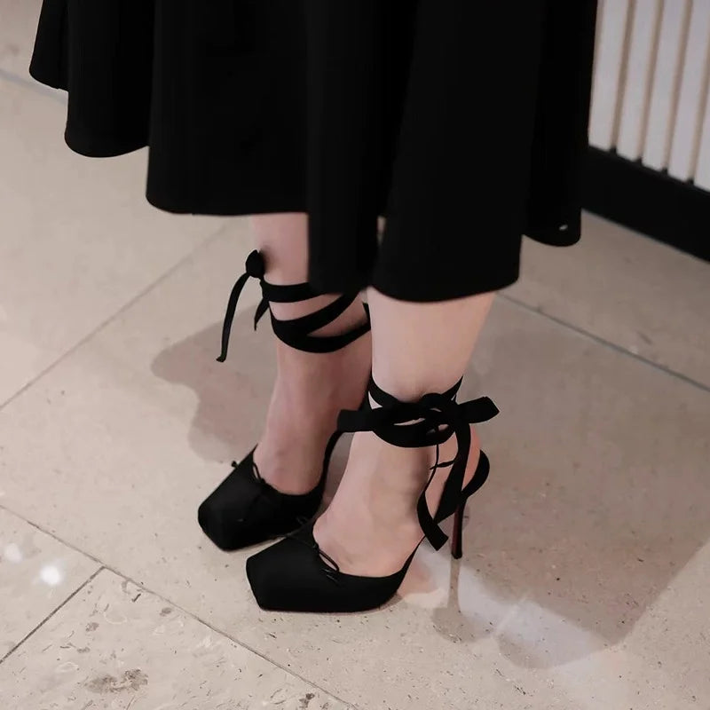 Luxury Design Woman Sandals 2026 Summer High Quality Square Satin High-heeled Female Shoes With Ankle Straps Wedding Flip Flops