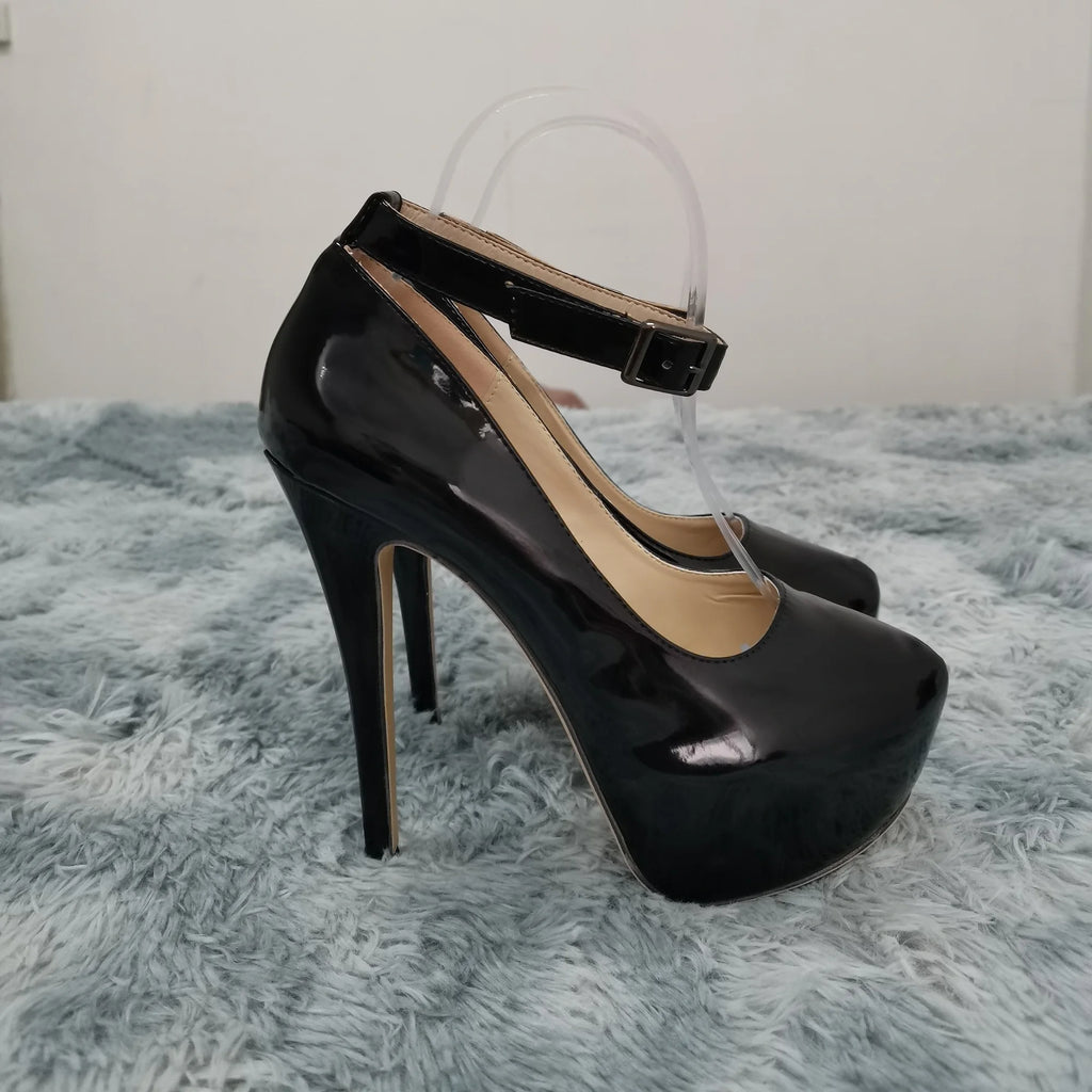 New Women Pumps 14cm Sexy Concise Buckle Supper High Heels Fashion Ankle Strap  Patent Leather Red Wedding Shoes Plus Size