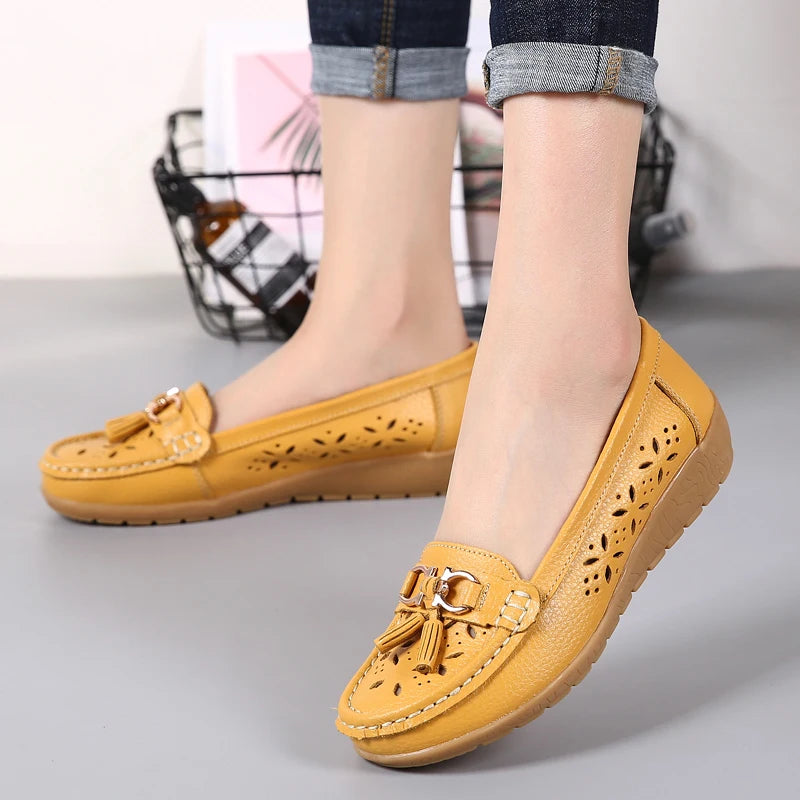 Women Wedge Flats Genuine Leather Slip On Loafers Moccasins Casual Shoes Luxury Brand Designs Big Size 41 42 43