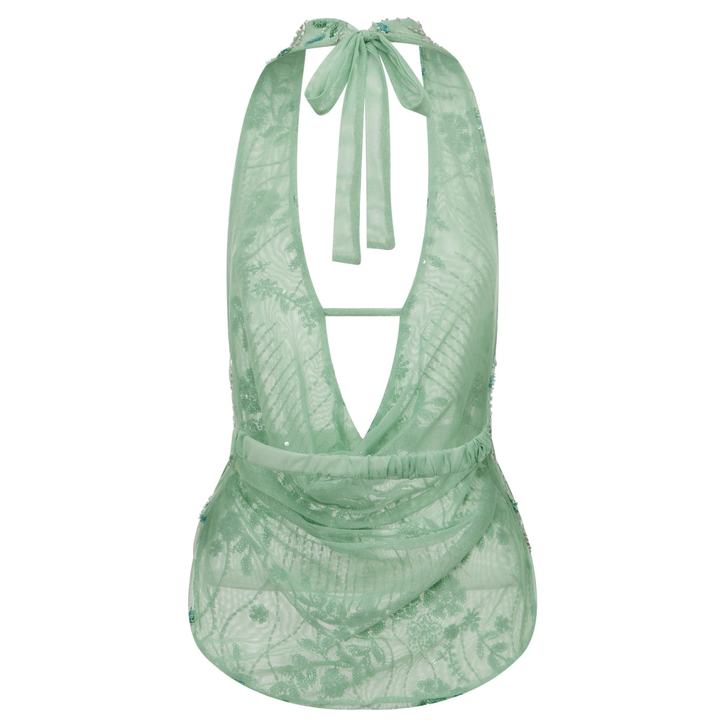 Combhasaki Women's Y2K Glitter Lace-up Halter Cowl Neck Sheer Vest Summer Sleeveless Open Back Flower Sequins Beaded Tank Tops