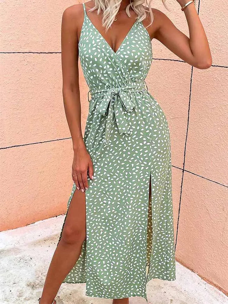 Summer Floral Print Long Dress Women Sexy Backless Bandage Slit Beach Sundresses Casual Elegant Black V Neck Sleeveless Dress