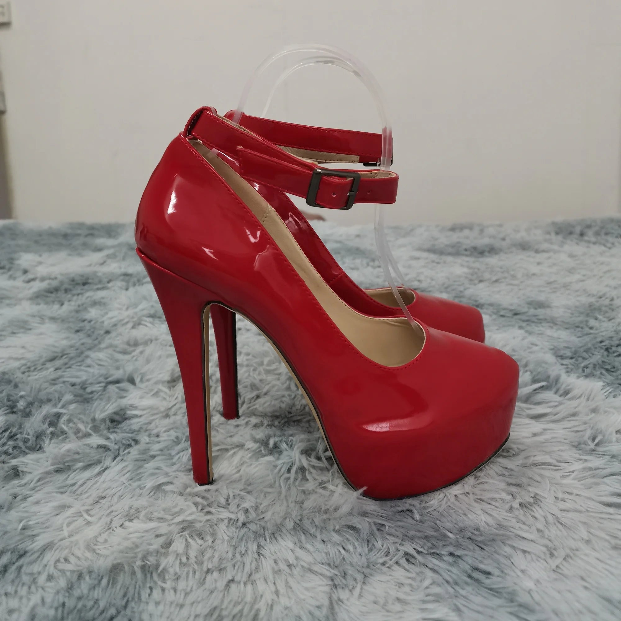 New Women Pumps 14cm Sexy Concise Buckle Supper High Heels Fashion Ankle Strap  Patent Leather Red Wedding Shoes Plus Size