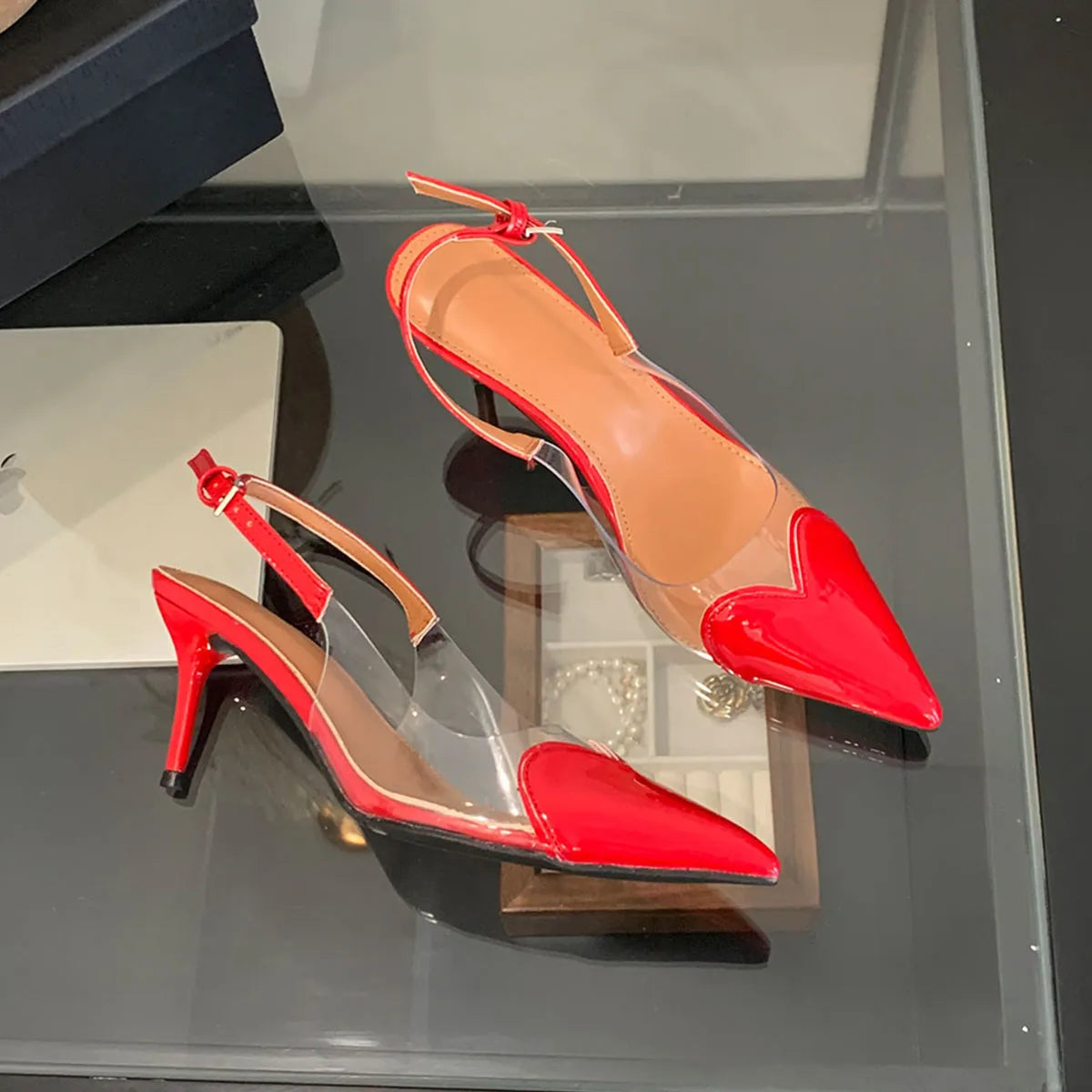 Heart Shaped Women Pumps Elegant Pointed toe Transparent PVC Slingbacks Stiletto High heels Party Shoes