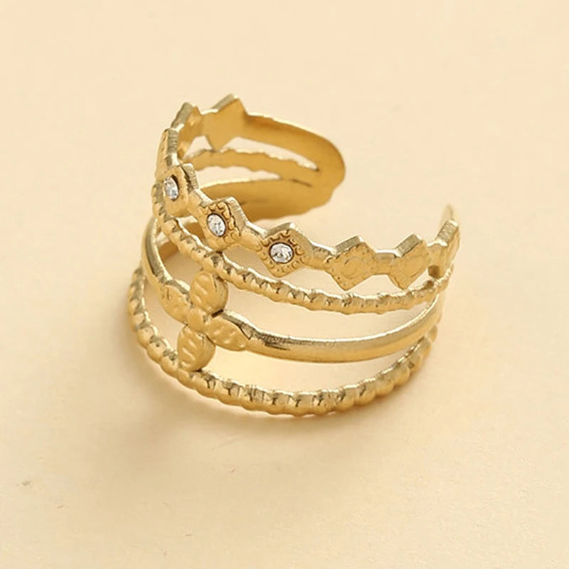 Geometric Zircon Rings For Women Gold Color Stainless Steel Flower Heart Hollow Multilayer Adjustable Open Rings Jewelry Gifts