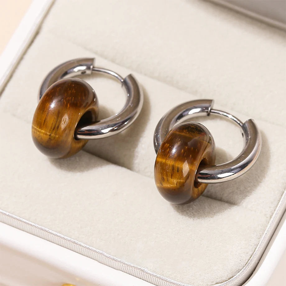 CSJA Natural Stone Earrings for Women Girl Pink Quartz Tiger eye Donut Huggies Stainless Steel Hoop Earring Jewelry Gift H443