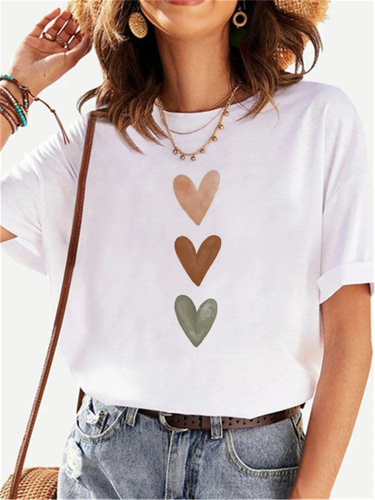 Fashion Funny Love Heart T Shirts Casual Round Neck Women's Clothing Summer Short Sleeve Graphic Female Tops Tees