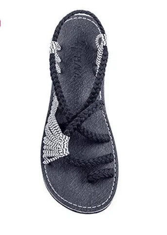 Large Size Rope Knot Summer Beach Flat Bottom Sandals Women's Shoes Wish Flat Sandals Open Toe Rubber Sole Ankle Strap