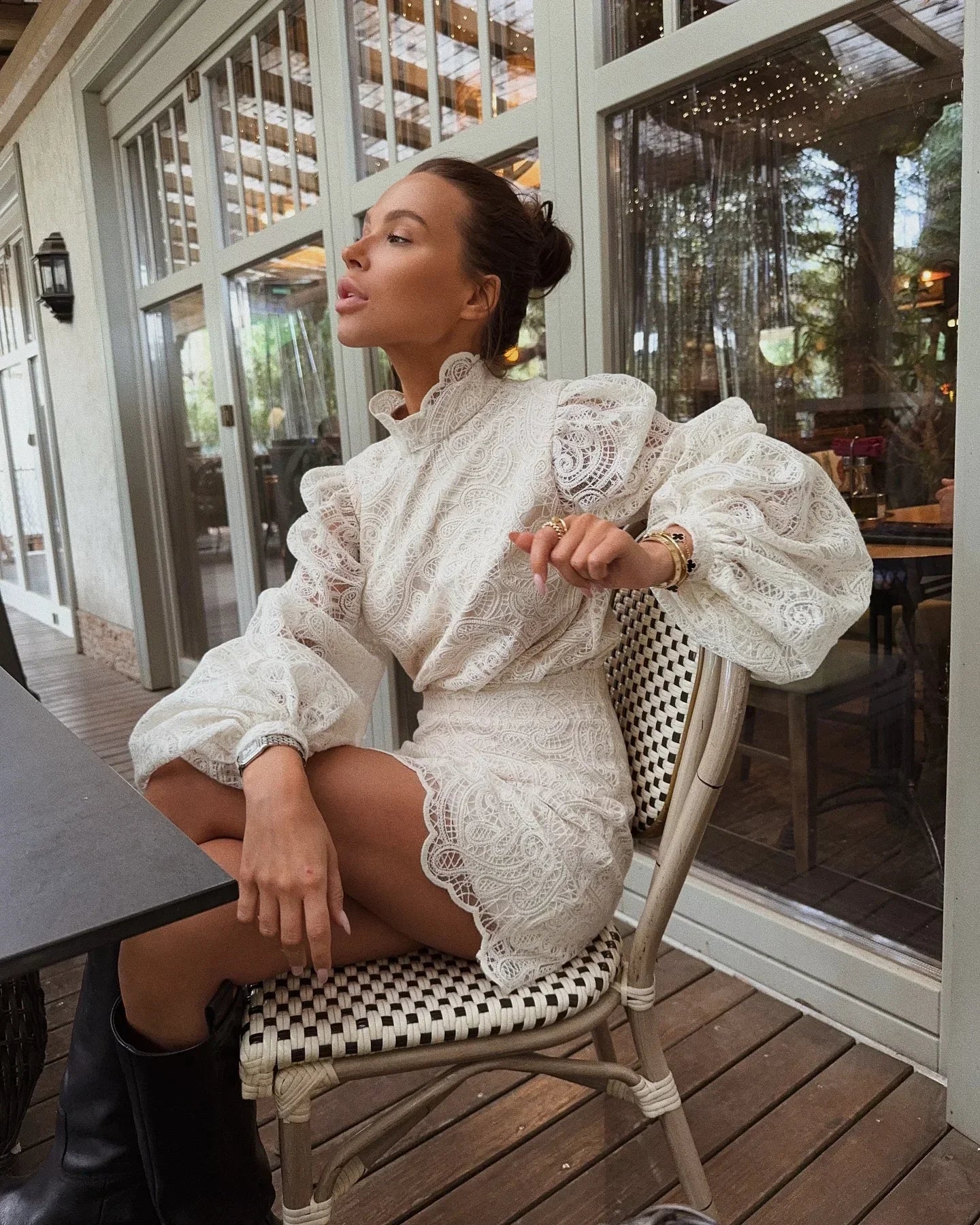 Lace Elegant Skirt Two Piece Set Women Turtleneck Hollow Out Lantern Sleeve Tops Irregular Hem Mini Skirt 2025 Chic Party Suit