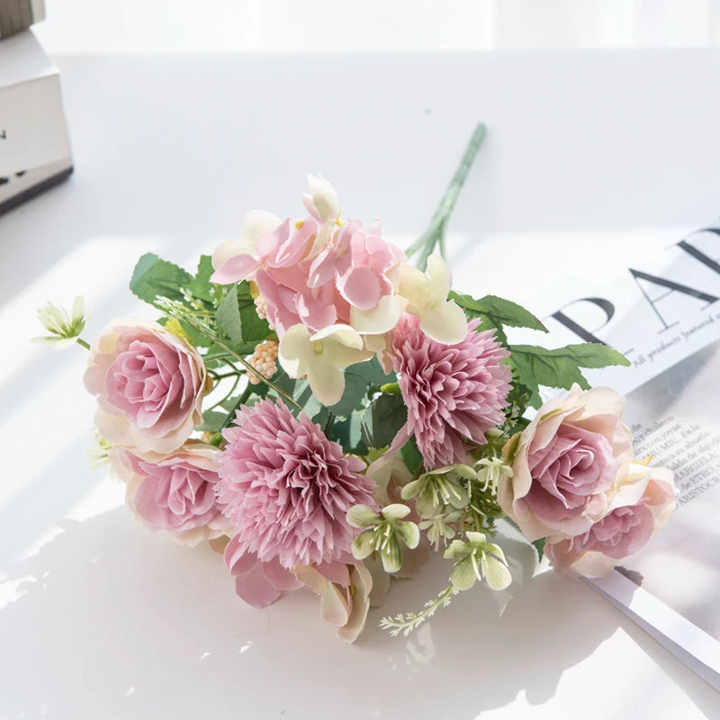 Artificial Silk Hydrangea Rose Flowers Wedding Bridal Bouquet Outdoor Yard Holiday Ornament Vase Home Room Decoration Scrapbooks