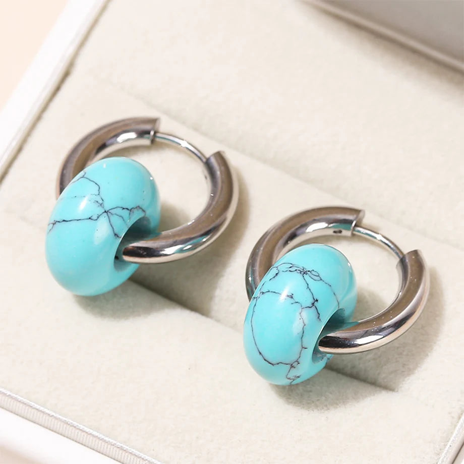 CSJA Natural Stone Earrings for Women Girl Pink Quartz Tiger eye Donut Huggies Stainless Steel Hoop Earring Jewelry Gift H443
