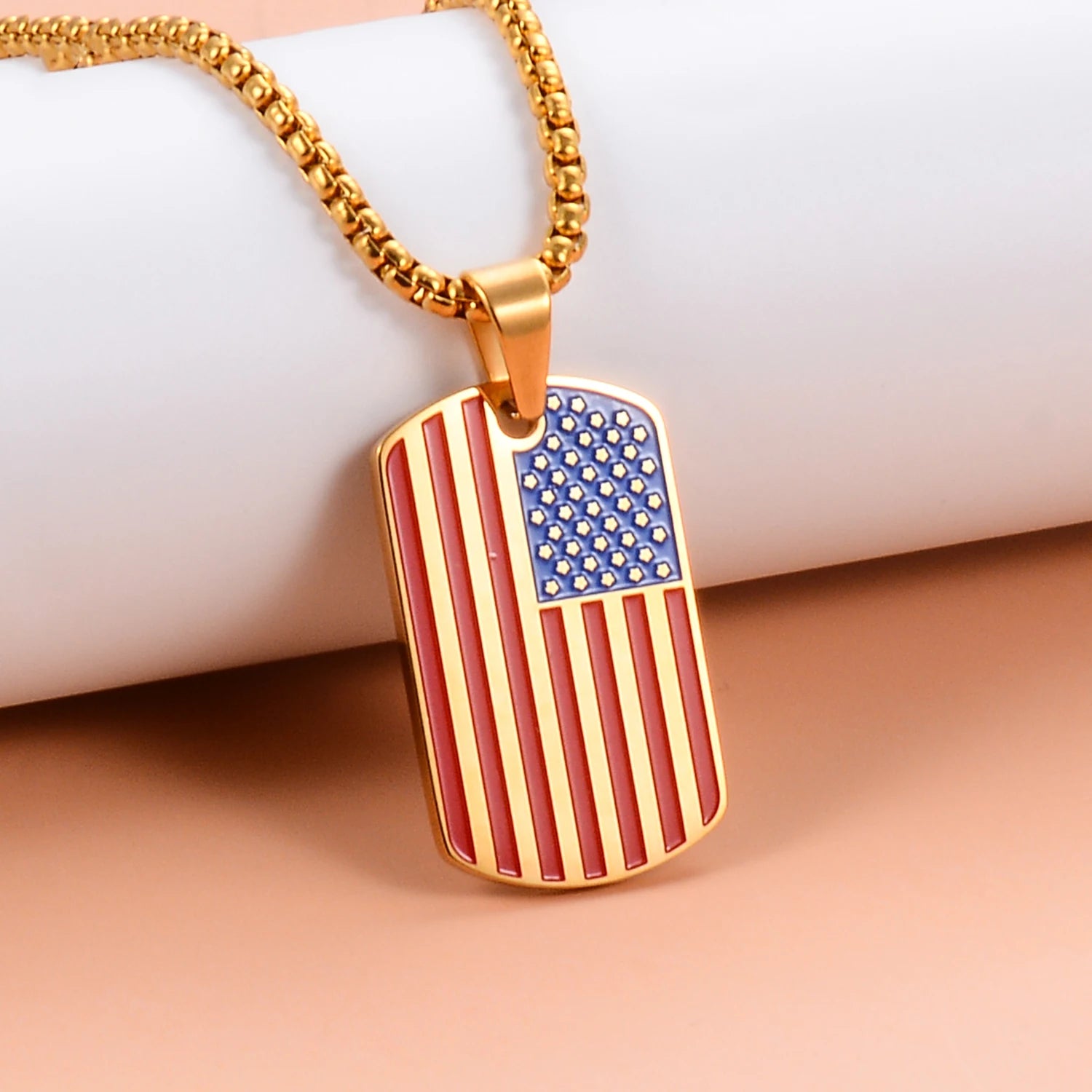 Stainless Steel Hip Hop American USA Flag personality Dripping oil Oval Military Card Box Chain Men's The Stars Jewelry