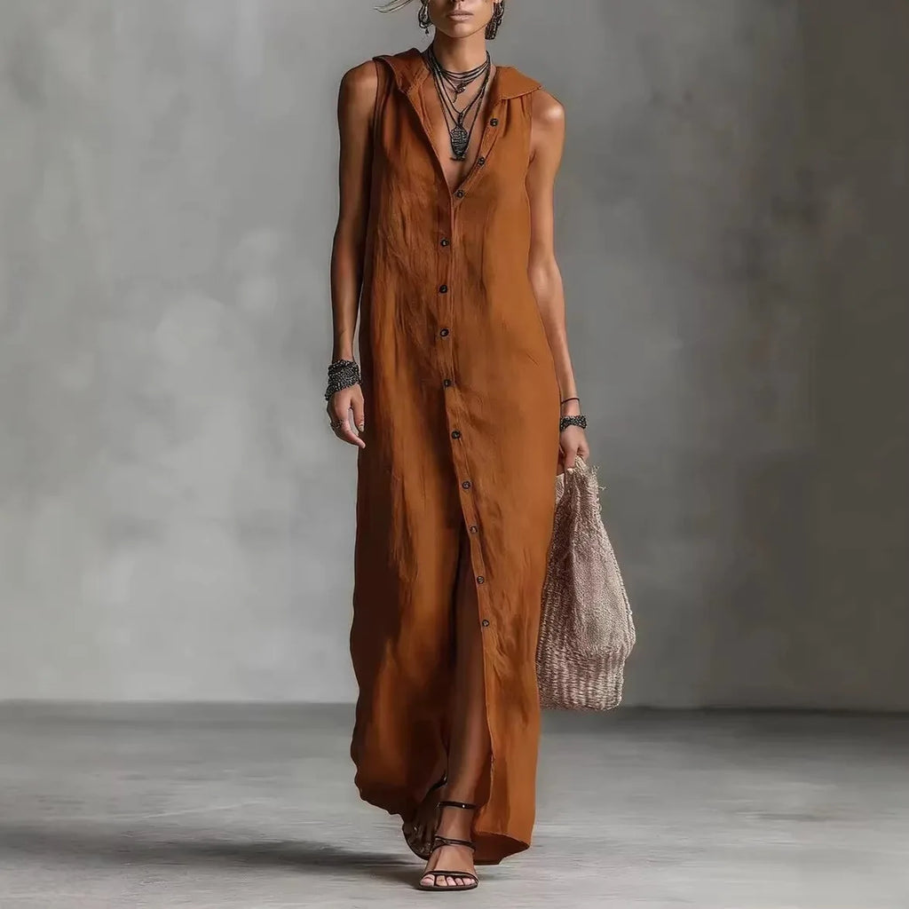 Women Dresses 2026 New summer solid color button open stitch sleeveless long dresses women's clothing vestidoes