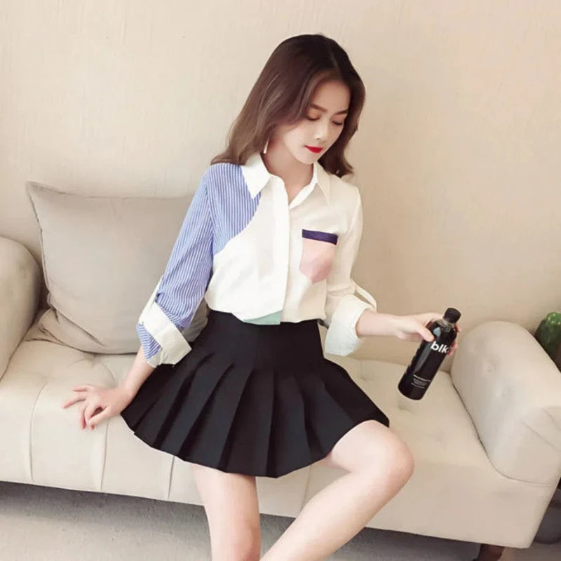 Spring Autumn Fashion Turn-down Collar Long Sleeve Women's Clothing Shirts Patchwork Buttons Loose Cardigan Versatile Blouses