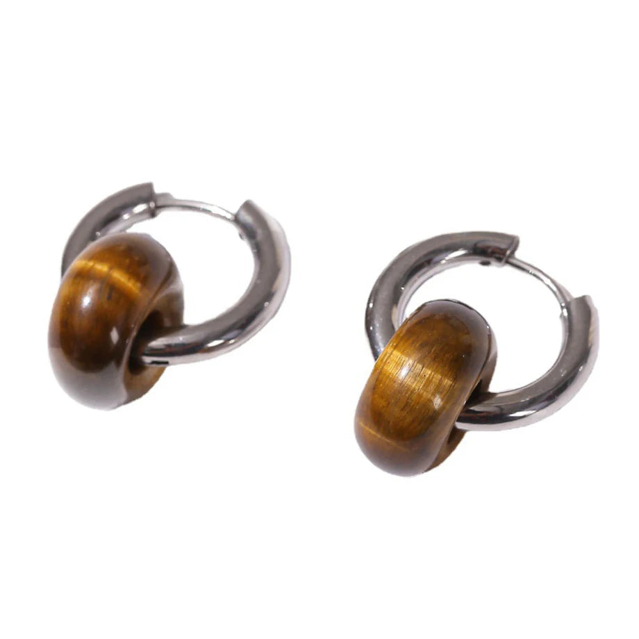 CSJA Natural Stone Earrings for Women Girl Pink Quartz Tiger eye Donut Huggies Stainless Steel Hoop Earring Jewelry Gift H443