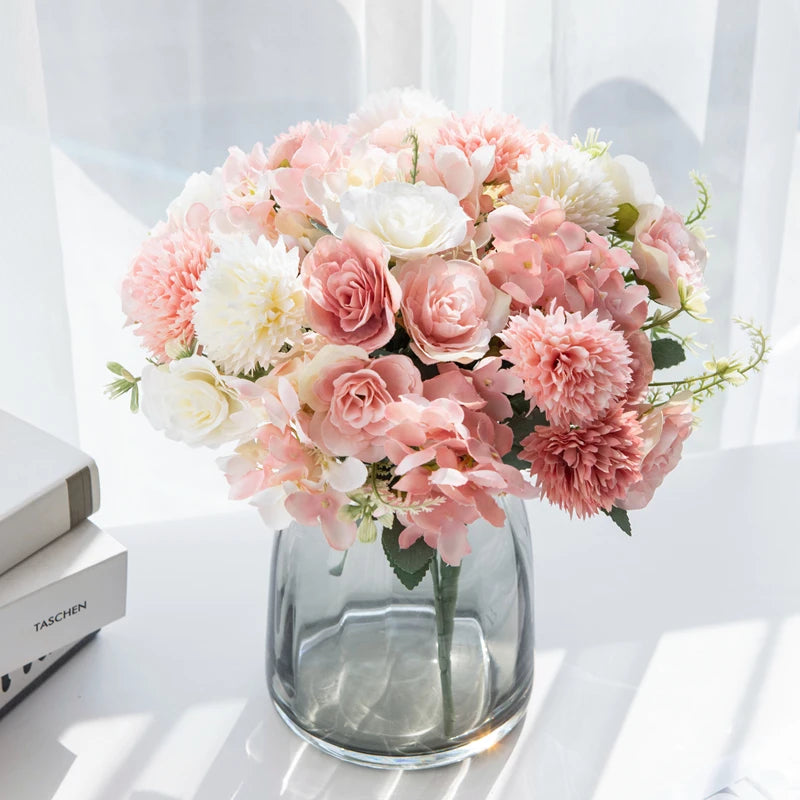Artificial Silk Hydrangea Rose Flowers Wedding Bridal Bouquet Outdoor Yard Holiday Ornament Vase Home Room Decoration Scrapbooks