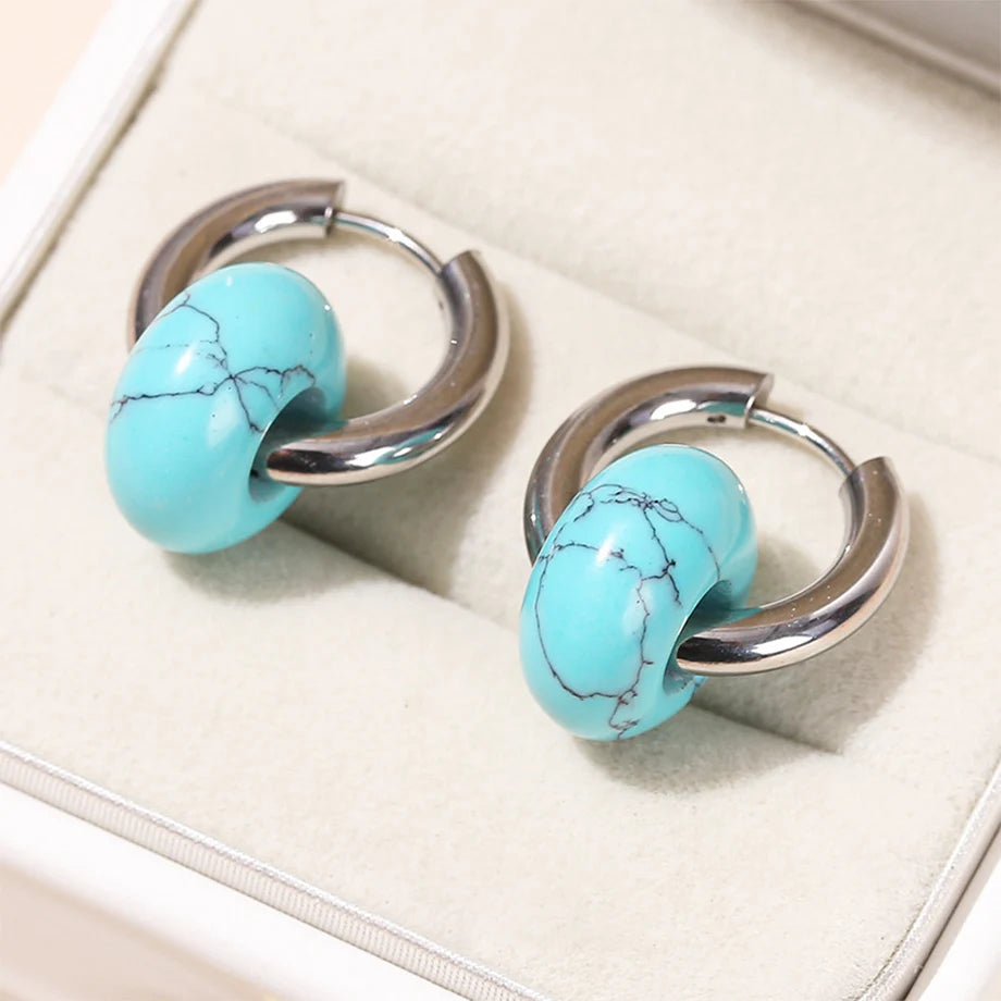 CSJA Natural Stone Earrings for Women Girl Pink Quartz Tiger eye Donut Huggies Stainless Steel Hoop Earring Jewelry Gift H443