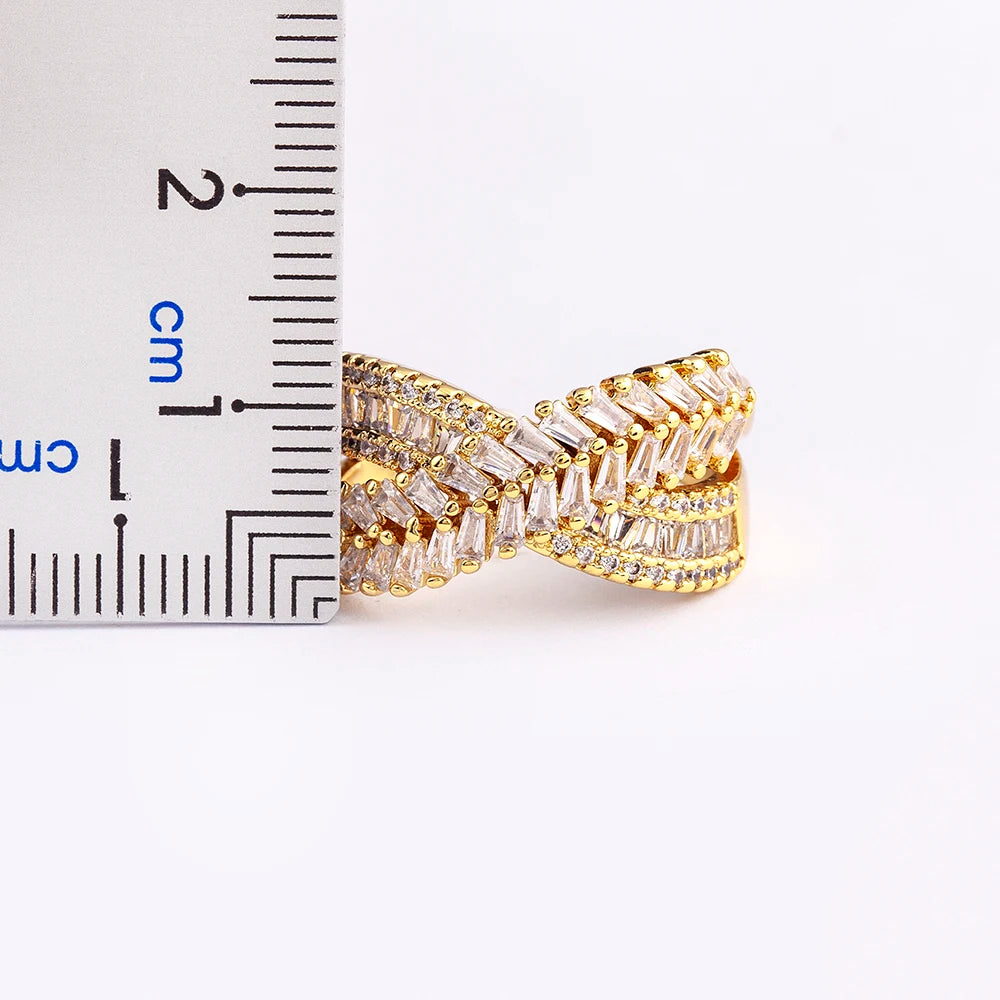 Nidin New Trendy Crystal Double Deck Cross Rings Charm Cubic Zirconia Intersect Opening Adjustable Finger Ring Jewelry Gift