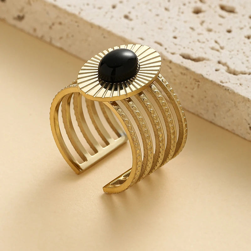 Geometric Zircon Rings For Women Gold Color Stainless Steel Flower Heart Hollow Multilayer Adjustable Open Rings Jewelry Gifts