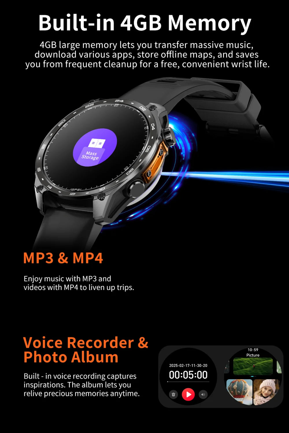 Men Sports GPS Outdoor Smart Watch App Download 4GB Memory Offline Map Waterproof MP3 MP4 LED Lighting Blue Tooth Smartwatch