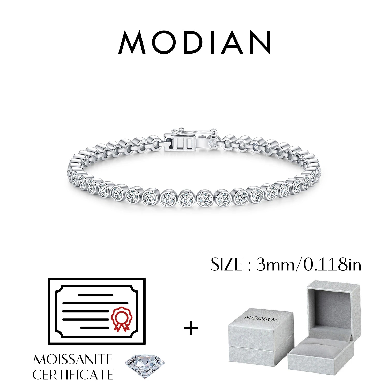 MODIAN D VVS1 Round Moissanite Tennis Bracelet 3mm/4mm/5mm 925 Sterling Silver Tennis Stackable Bracelets for Women Men Jewelry