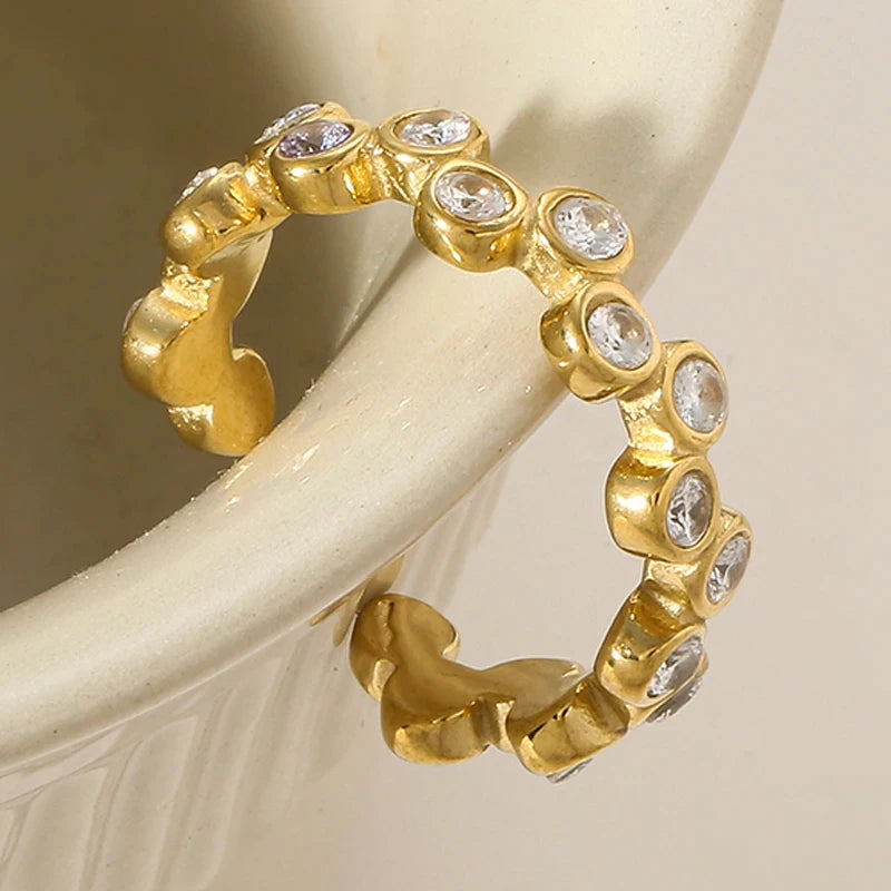 Geometric Zircon Rings For Women Gold Color Stainless Steel Flower Heart Hollow Multilayer Adjustable Open Rings Jewelry Gifts