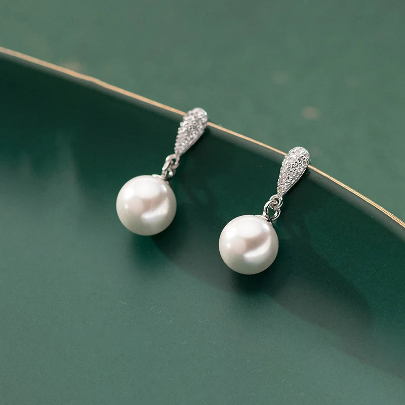 INZATT Real 925 Sterling Silver Full Zircon Water Drop Pearl Pendant Stud Earrings for Women OL Fine Jewelry Luxury Accessories