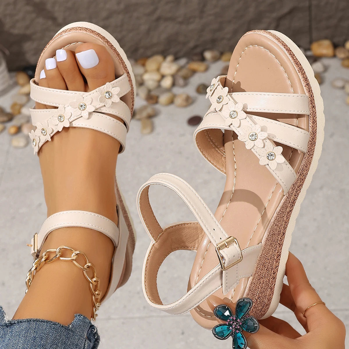 Women's Fashion Flowers Wedge Sandals Lightweight Ankle Strap Platform Sandals Women 2024 Summer Non Slip Beach Sandalias Mujer