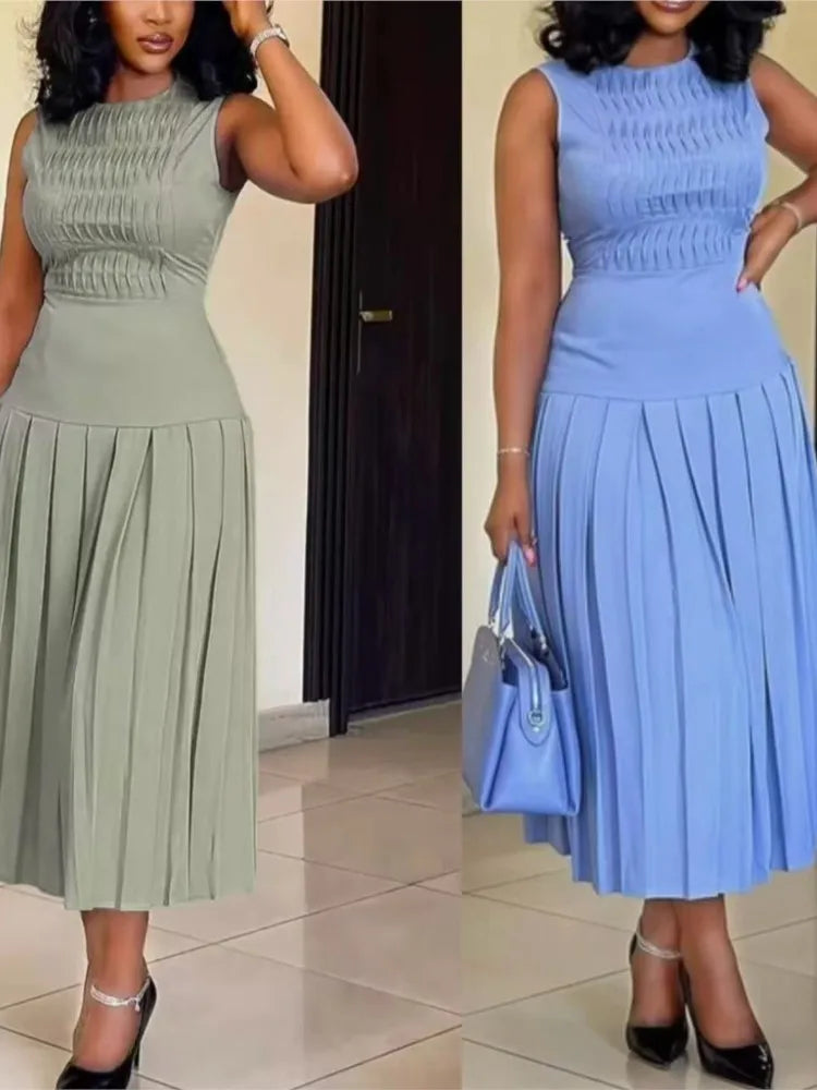 Women's Elegant Party Long Dress Summer Fashion Solid Color Sleeveless Slimming High Waist Pleated A-line Dress Ropa Para Mujer