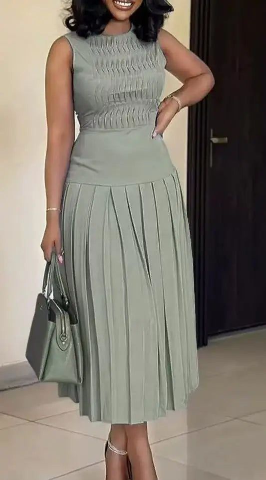 Women's Elegant Party Long Dress Summer Fashion Solid Color Sleeveless Slimming High Waist Pleated A-line Dress Ropa Para Mujer