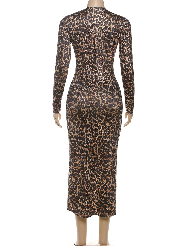 Weird Puss Leopard Print Women Dress Y2K Sexy Deep V-Neck Ruched Ribbon Skinny High Split Nightclub Party Fall Hipster Vestidos