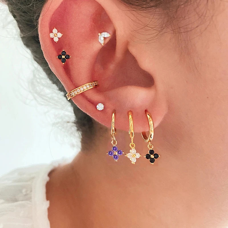 New Fashion Stainless Steel Flower Small Hoop Earrings Women Korean Crystal Zirconia Cartilage Earrings Piercing Jewelry