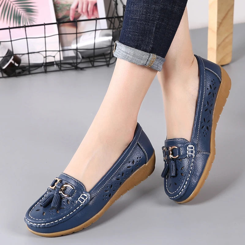 Women Wedge Flats Genuine Leather Slip On Loafers Moccasins Casual Shoes Luxury Brand Designs Big Size 41 42 43