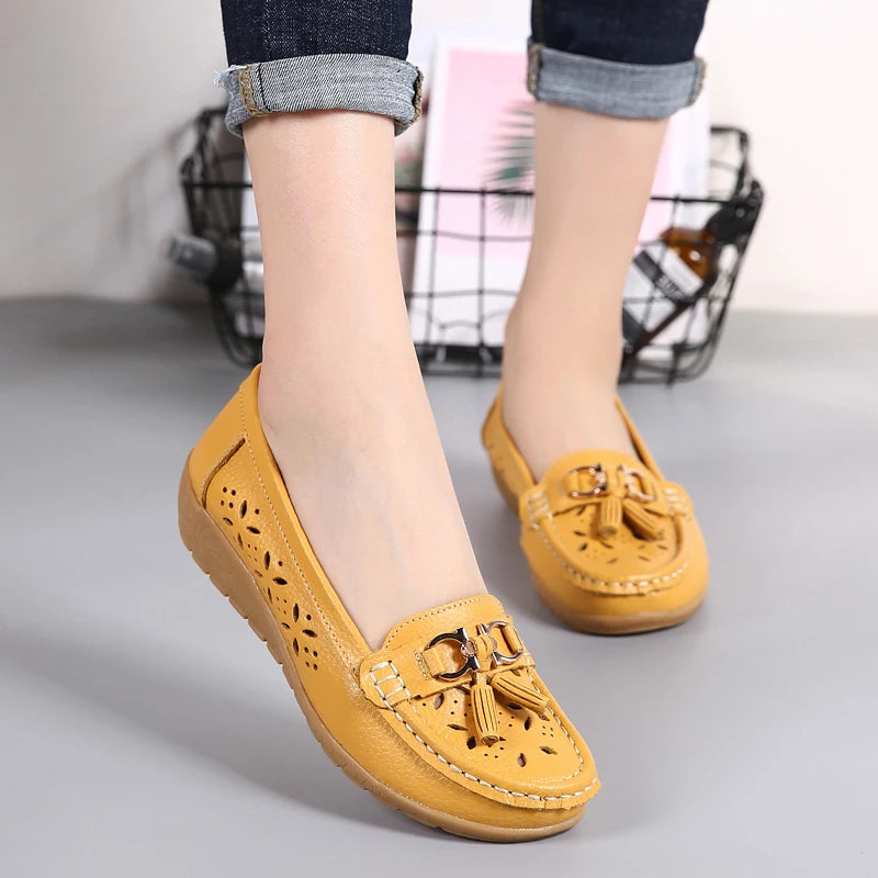 Women Wedge Flats Genuine Leather Slip On Loafers Moccasins Casual Shoes Luxury Brand Designs Big Size 41 42 43