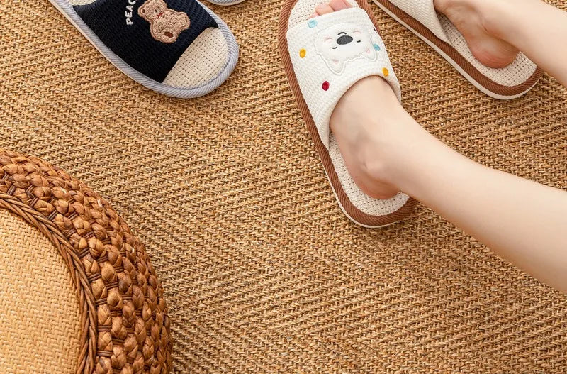 Home Linen Slippers Women's Four Season Sweat Absorbing Cotton Linen Cloth Slippers Cute and Casual PVC Toe Slippers Sandals
