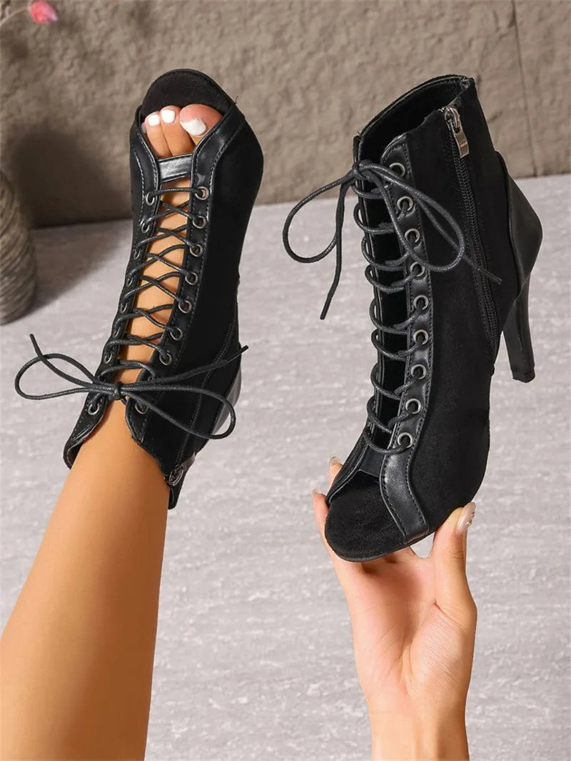 Jazz Latin Dance Boots Women's 5CM 7CM 10CM Thin High Heels 2025 New Plus Size Summer Black Lace-up Sexy Short Boots For Woman