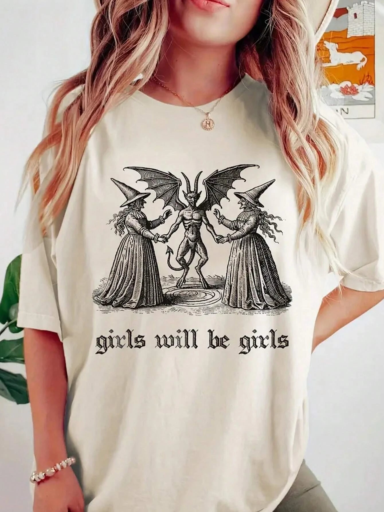 Witch and "girls will be girls" lettering print casual round neck short sleeve T-shirt Summer T-shirts Women's Tops
