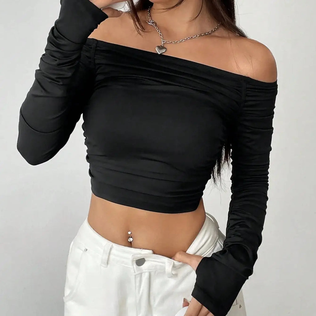New line shoulder mesh long sleeve T-shirt women with slim-fit hottie sexy explosion street wear short top