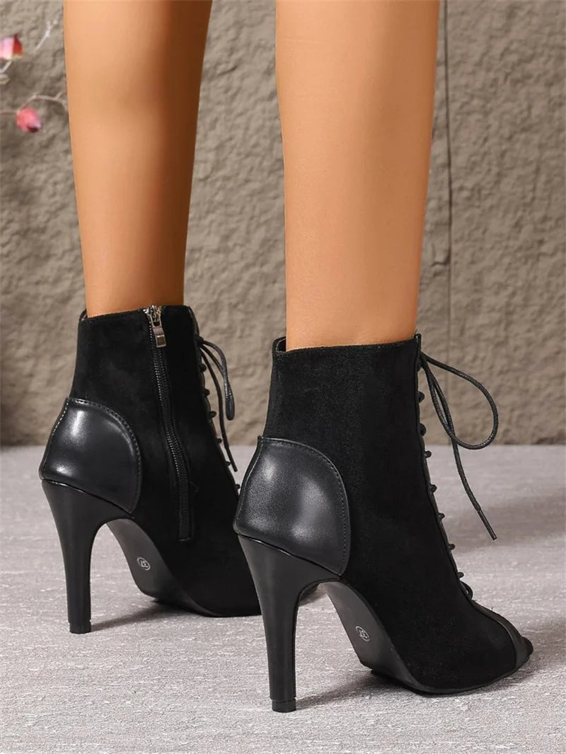 Jazz Latin Dance Boots Women's 5CM 7CM 10CM Thin High Heels 2025 New Plus Size Summer Black Lace-up Sexy Short Boots For Woman