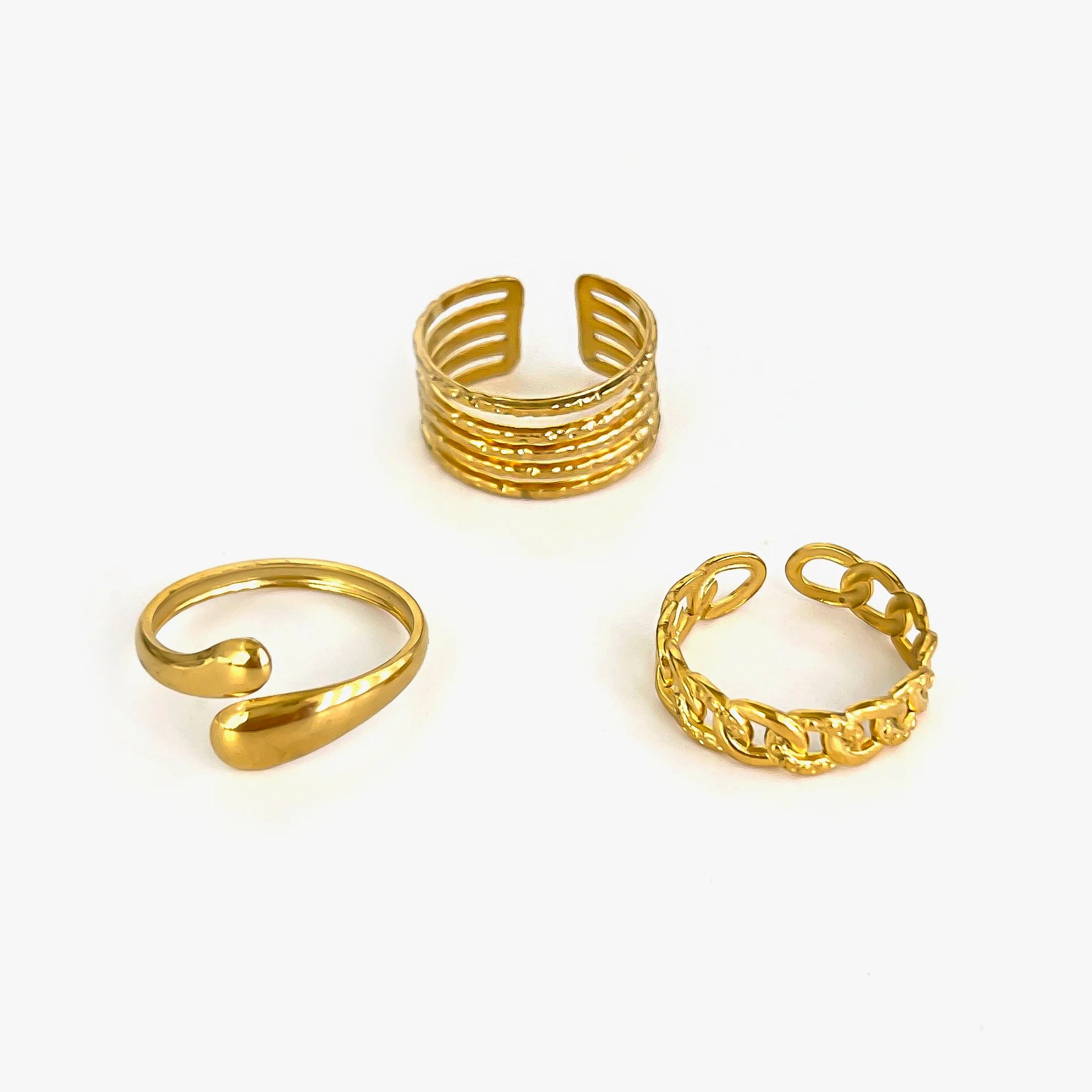 Peri'sbox 3pcs Stainless Steel Waterproof Women Rings Multi-layer Metal Texture Geometric Chain Open Ring Fashion Party Jewelry
