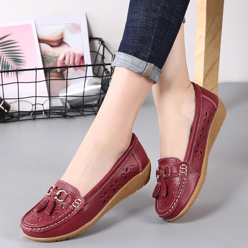 Women Wedge Flats Genuine Leather Slip On Loafers Moccasins Casual Shoes Luxury Brand Designs Big Size 41 42 43