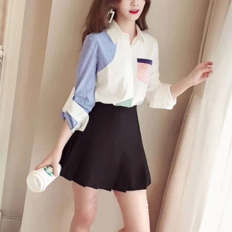 Spring Autumn Fashion Turn-down Collar Long Sleeve Women's Clothing Shirts Patchwork Buttons Loose Cardigan Versatile Blouses