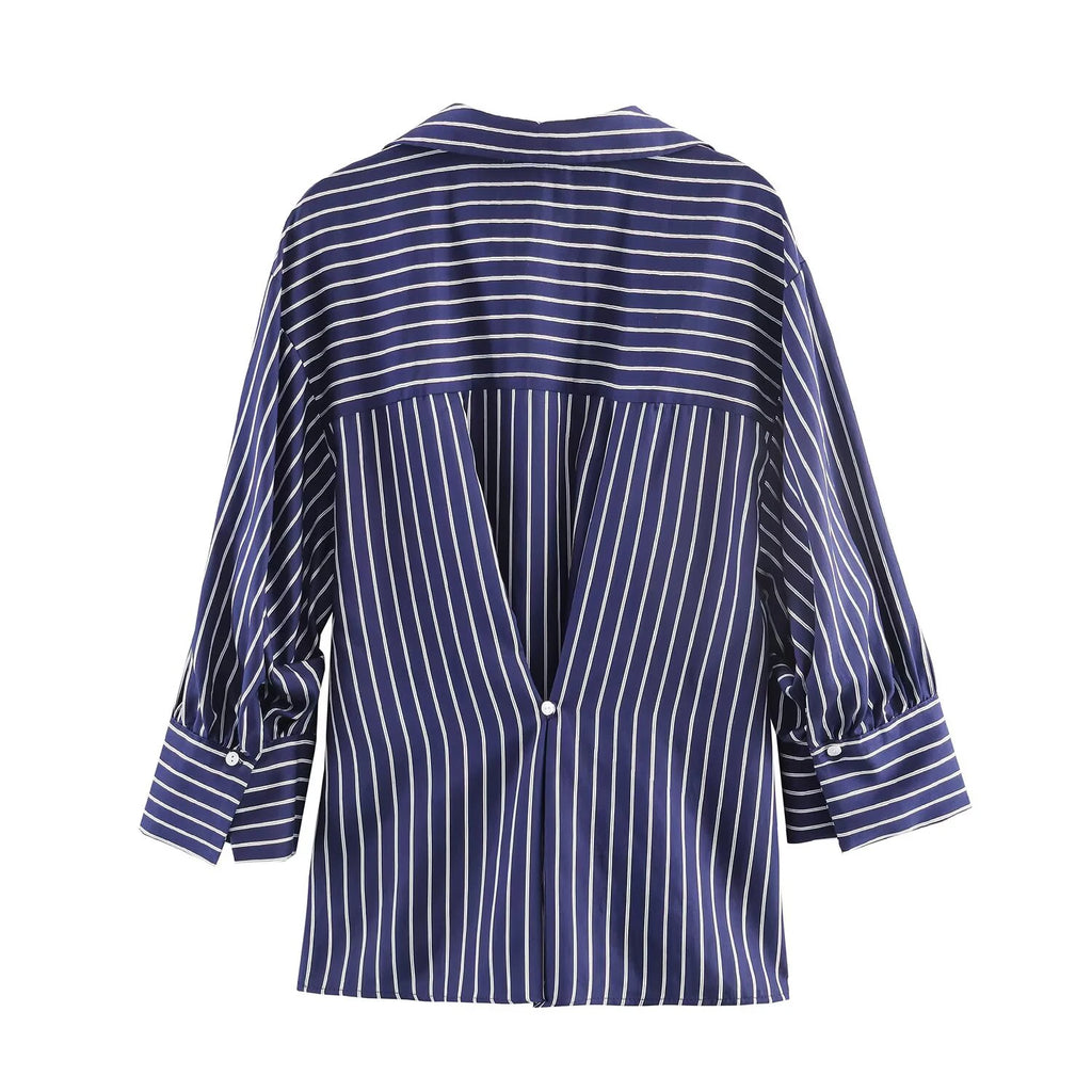 European and American style spring and summer new product women's clothing lapel bubble sleeve casual commuting striped shirt