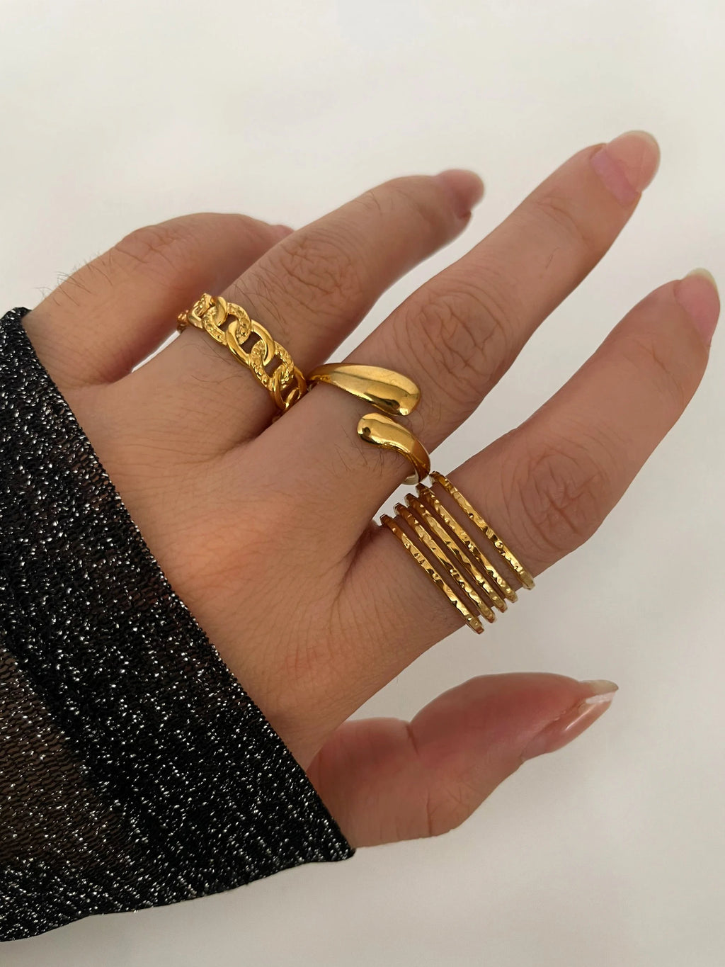 Peri'sbox 3pcs Stainless Steel Waterproof Women Rings Multi-layer Metal Texture Geometric Chain Open Ring Fashion Party Jewelry