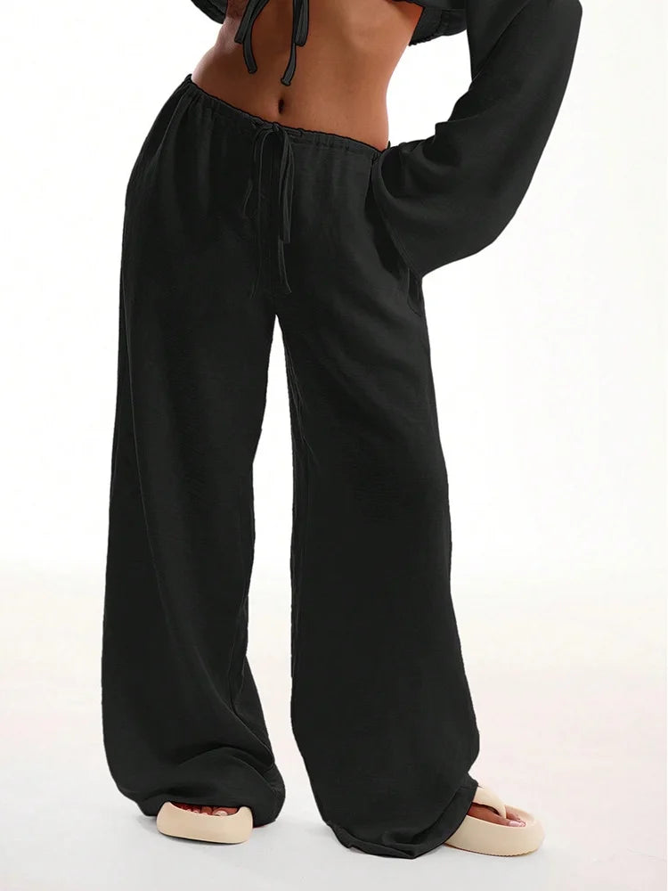Wide Leg Pants Fashion Women Black Solid Loose Drawstring Baggy Pant 2026 New Spring Summer Casual Pocket High Waist Trousers