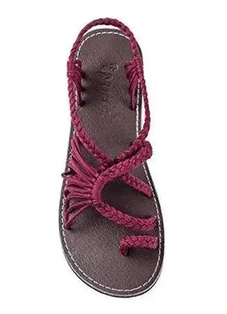 Large Size Rope Knot Summer Beach Flat Bottom Sandals Women's Shoes Wish Flat Sandals Open Toe Rubber Sole Ankle Strap